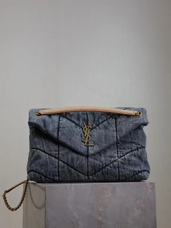 View 1 of Chic Denim Quilted Tote with Gold YSL Accent