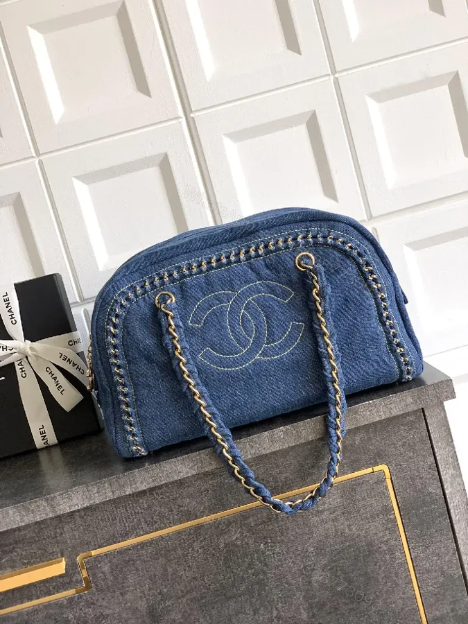 View 1 of Denim Mini Bag + Chain Handle + Structured + Couture Vibe + Bag