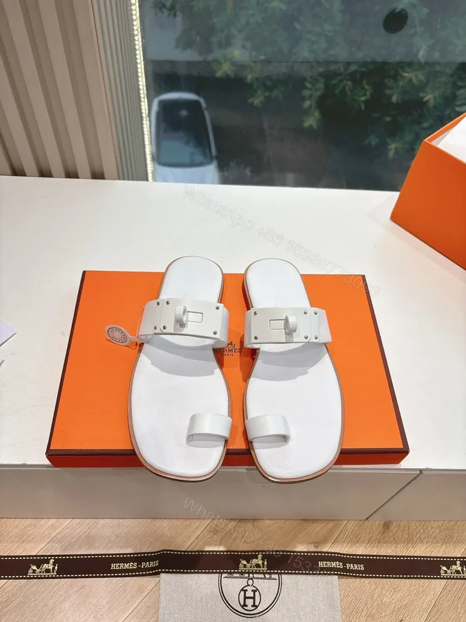 View 1 of Hermes Women White Leather Flat Sandals