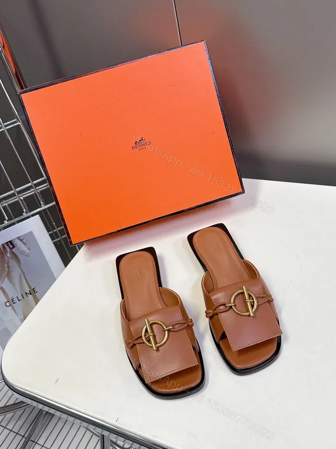 View 1 of Hermes Women Brown Leather Flat Mules