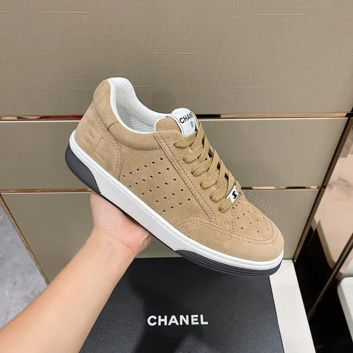 View 1 of Neutral-Tone Suede Sneaker with Chanel-Inspired Detail