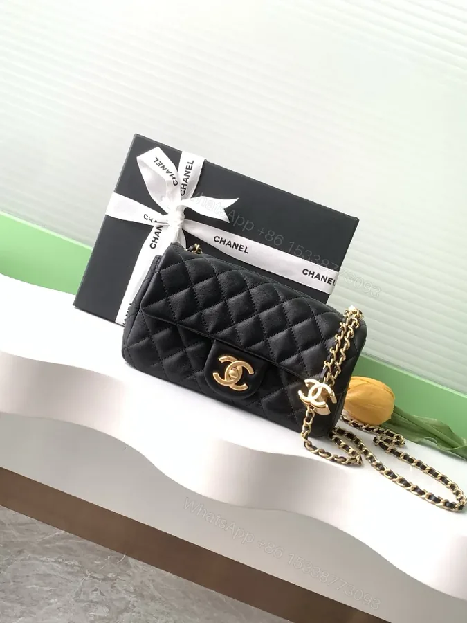 View 1 of Quilted Black Leather Crossbody, Gold Hardware, Luxury