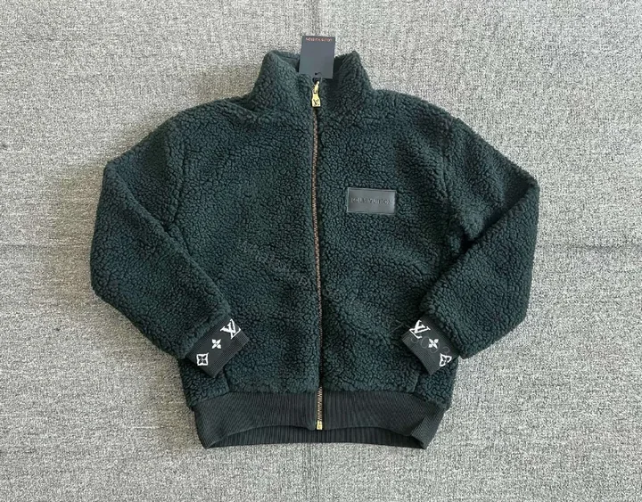 View 1 of Dark Forest Green Teddy Jacket: Luxe Fleece, Zip Front, Subtle LV-Inspired Details