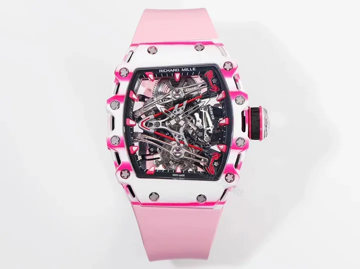 View 1 of Richard Mille RM38-02 Tourbillon Bubba Watson Watch Pink Quartz Carbon Fiber Case Skeleton Dial Manual Winding Tourbillon 10000G Shock Resistant Golf Edition RM38-02-BW-PINK-QCF-GT