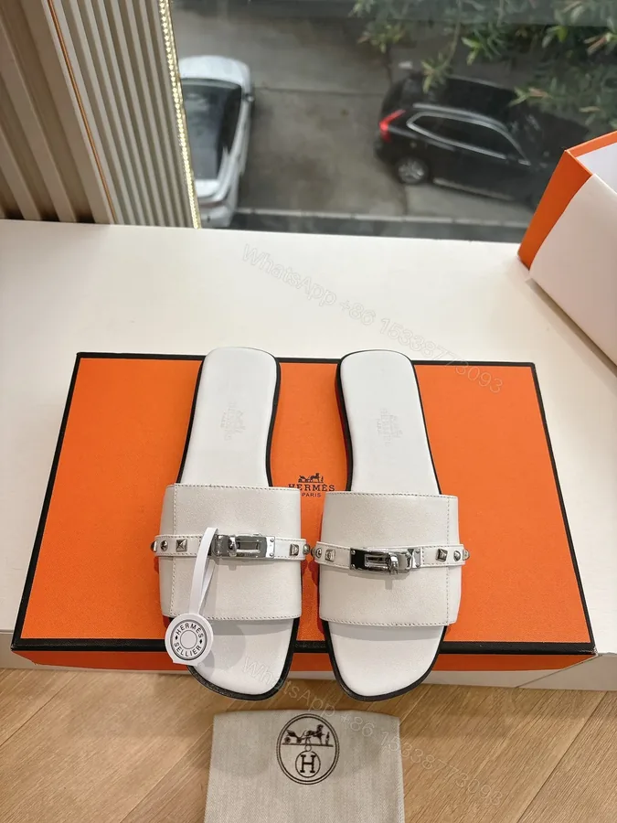 View 1 of Hermes Women White Leather Slide Sandals