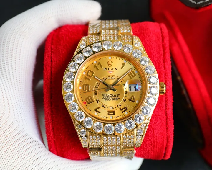 View 1 of Iced Out Sky-Dweller Gold Watch Full Diamond Bracelet Ultimate 42MM ROLEX-SKY-DWELLER-GOLD-ICED-FULL-DIA-42