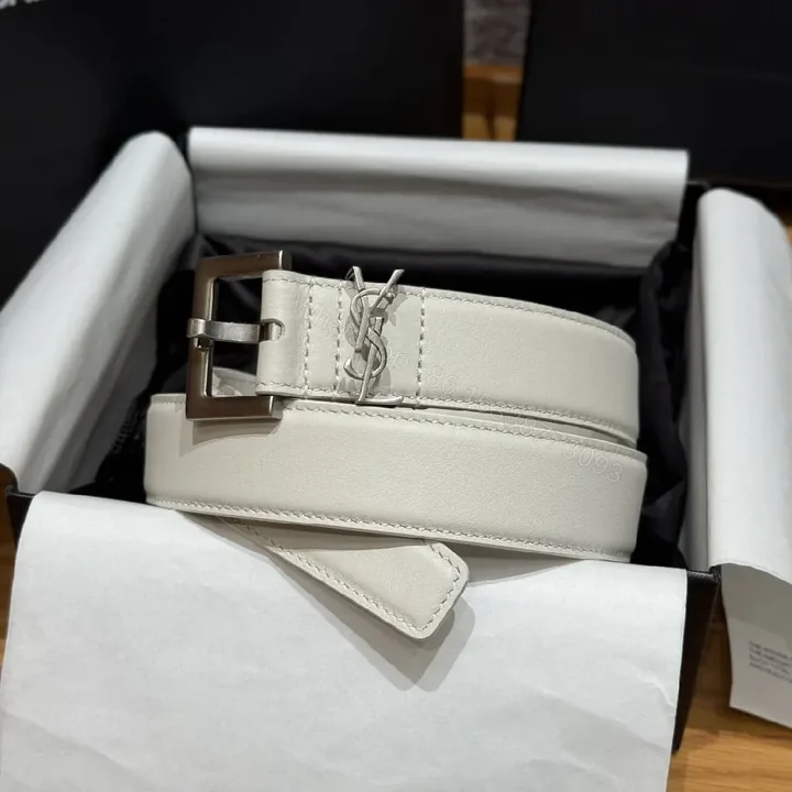View 1 of Off-White Leather Belt with Monogram Hardware, Brushed Buckle