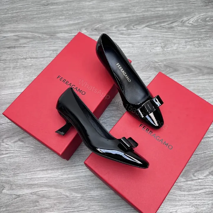 View 1 of Glossy Patent Pumps with Bow Detail, Black, 2.5" Heel