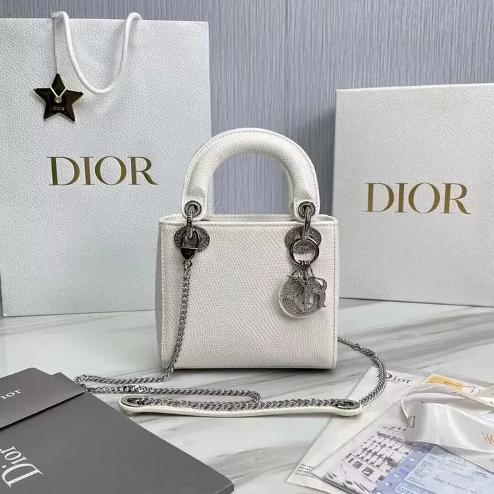 View 1 of Chic White Pebbled Leather Dior Lady Mini Bag - Versatile Luxury