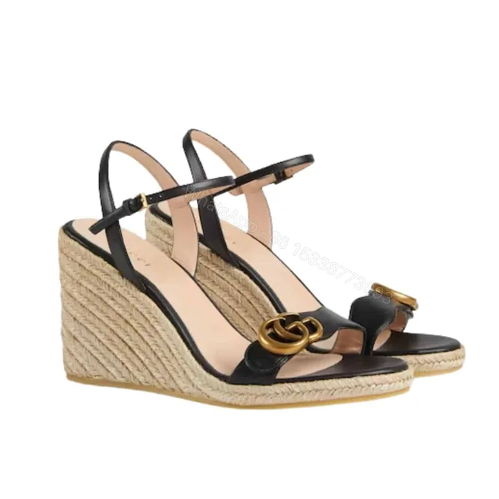 View 1 of Gucci Wedge Espadrille Sandals Black 8Cm