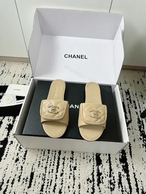View 1 of Neutral Beige Leather Slides + Logo Accent, Modern Luxury Slide