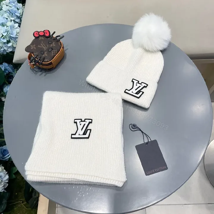 View 1 of White Knit Beanie & Scarf Set - Plush Warmth, Subtle Logo
