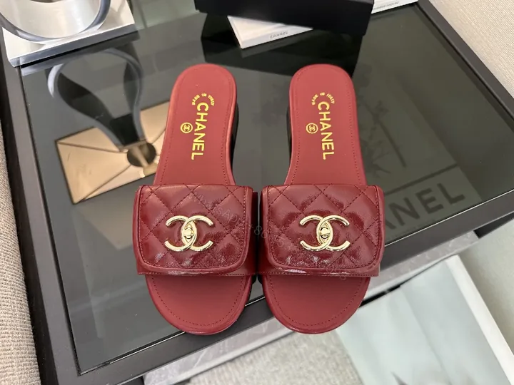 View 1 of Red Quilted Slip-On Sandals – Gold Hardware Luxury Slides