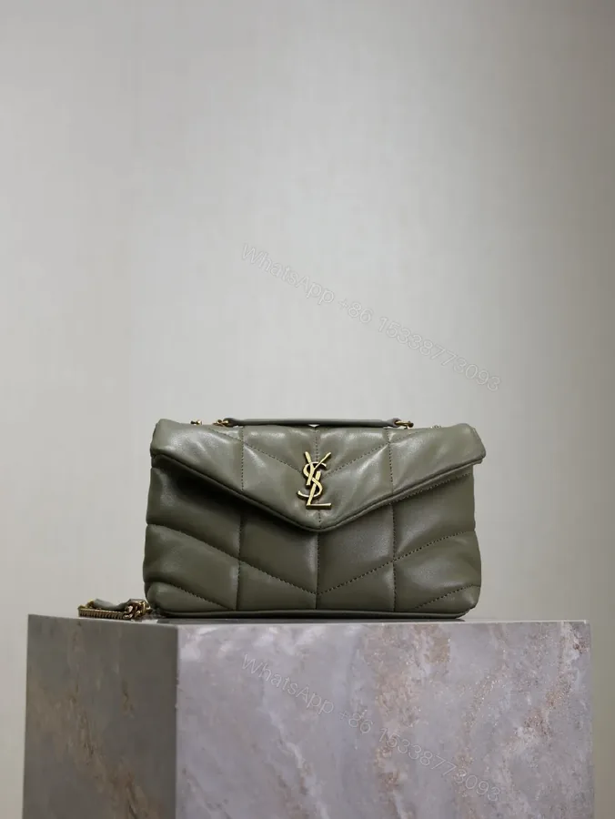 View 1 of Textured Olive Quilted Shoulder Bag with Gold Emblem, Compact Elegant Style