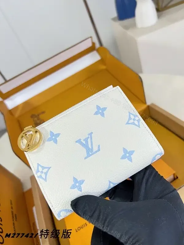 View 1 of Blue Monogram Compact Wallet: Leather, Luxe Minimalist, Secure Zipper