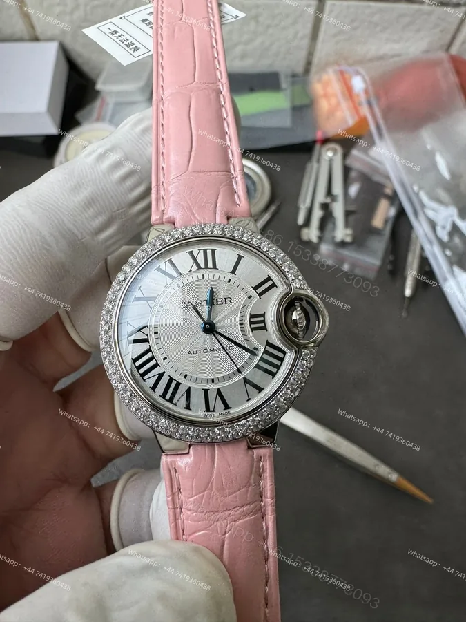 View 1 of Cartier Super Clone Ballon Bleu Diamond Bezel 33MM Pink Leather Strap