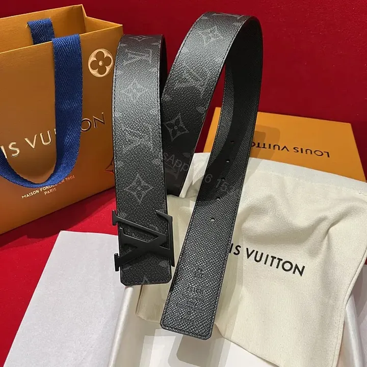 View 1 of Black Leather Modern Luxury Belt with LV Buckle Signature Pattern
