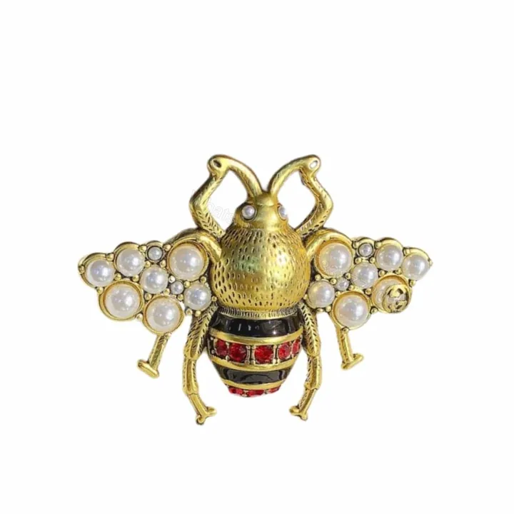 View 1 of Gucci GG Black And Red Bee Brooch Gold With Pearl