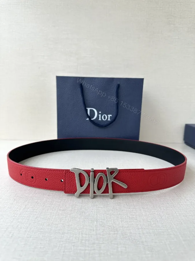 View 1 of Red Leather Belt with Silver Dior-Inspired Buckle
