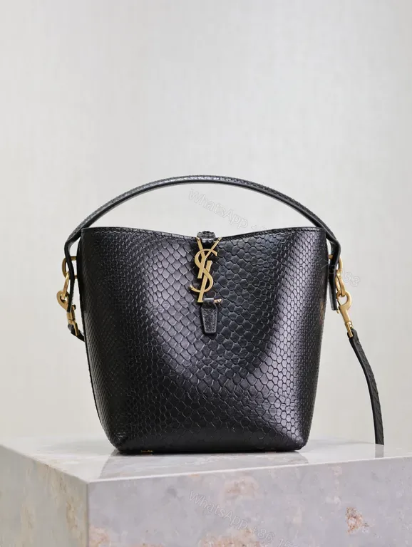 View 1 of Chic Black Snakeskin Bucket Bag with Gold Hardware - Luxury