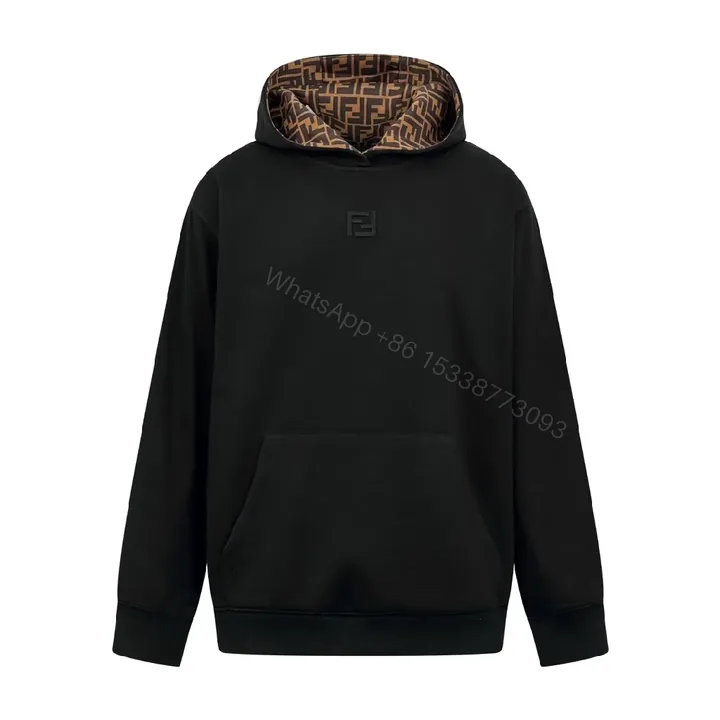 View 1 of Black Hoodie with Brown Lined Hood - Premium, Minimalist, Cozy Comfort