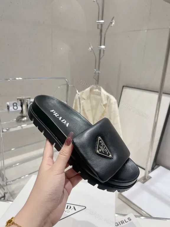 View 1 of Black Leather Prada-Style Minimalist Slide with Logo & Lug Outsole
