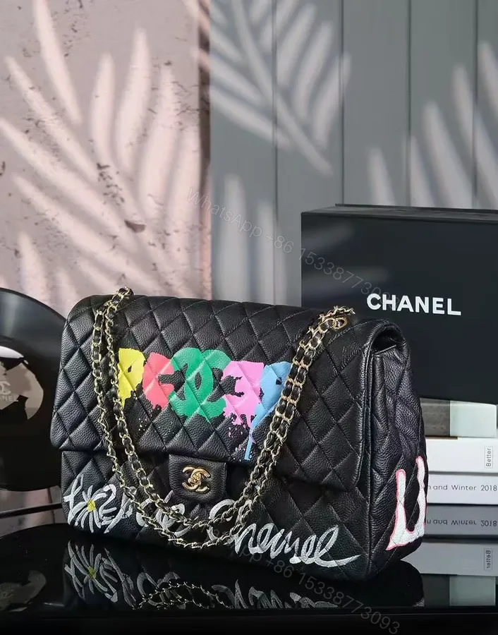 View 1 of Graffiti Quilted Leather Handbag with Gold Chain