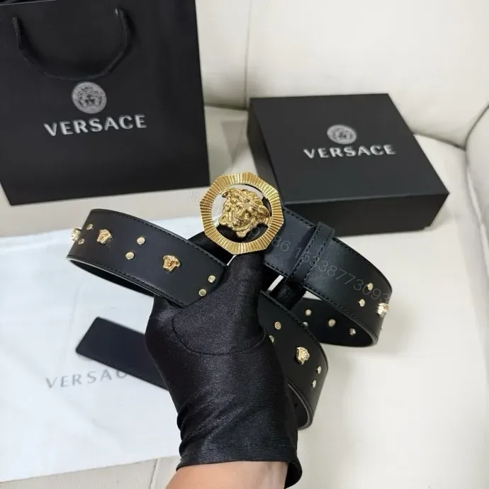 View 1 of Gold Lion Buckle Belt - Black Leather, Studded, Designer-Inspired Style