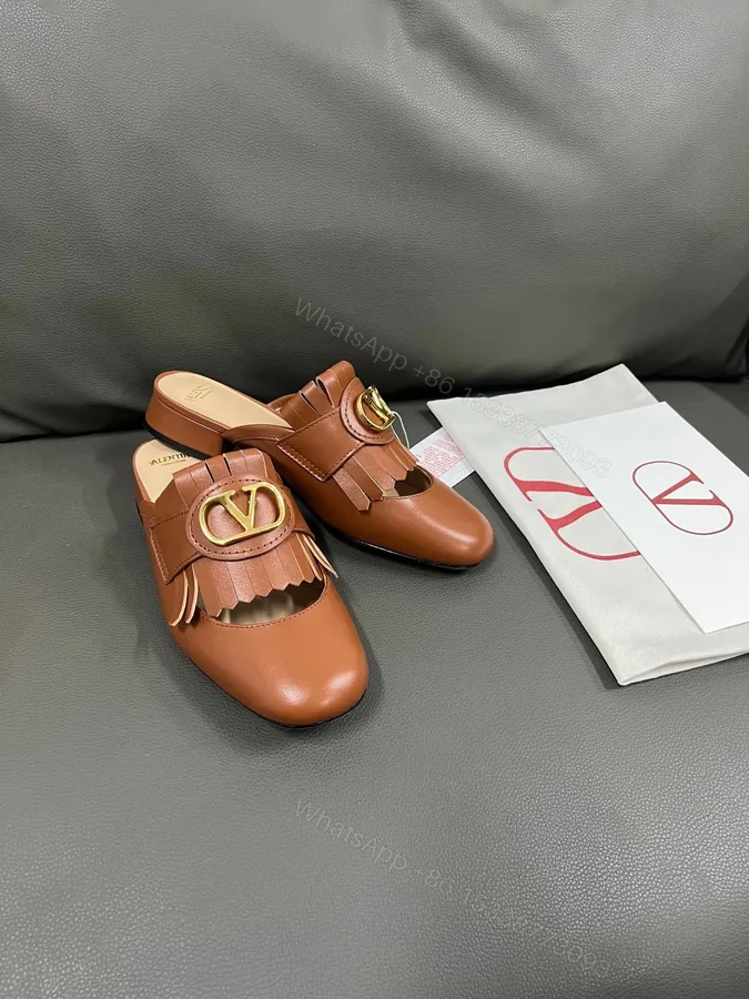 View 1 of Valentino Women Brown Leather Fringe Mules