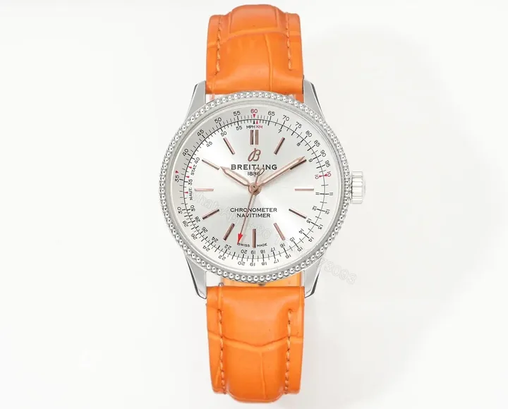 View 1 of V9 Factory Breitling Women’s Navitimer Automatic Watch – Silver Dial, Orange Leather Strap, 35mm Stainless Steel Case
