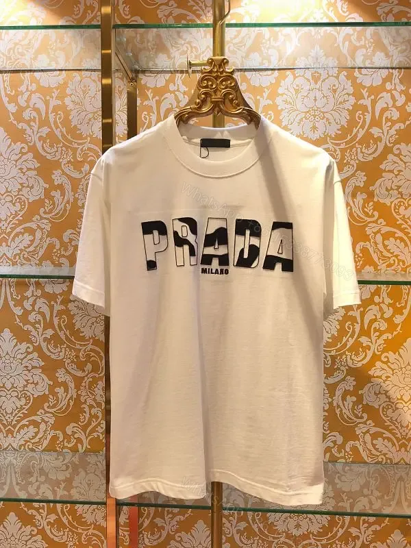 View 1 of White Cotton Crew Tee, Minimalist Luxe, PRADA Milano Logo Tee