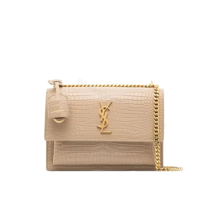 View 1 of Saint Laurent Sunset Medium Chain Bag In Crocodile-Embossed Shiny Apricot 22Cm 442906DND0N9207