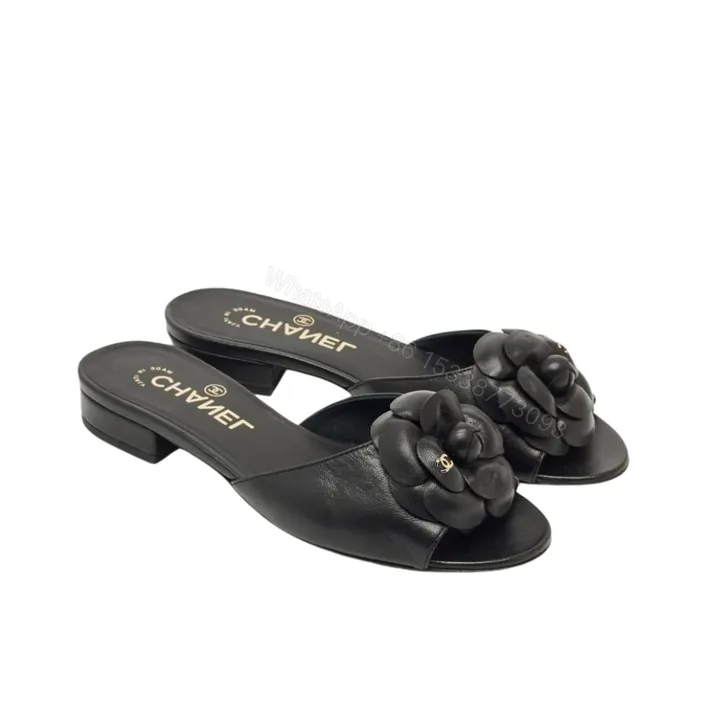 View 1 of Chanel Black Camellia Slide Flat Sandals