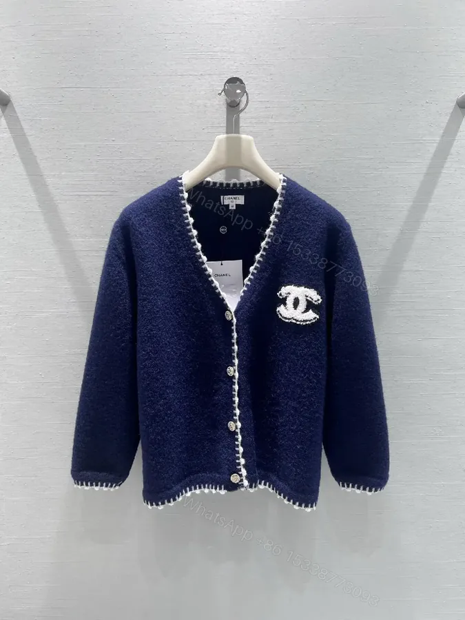 View 1 of Navy Bouclé Knit Cardigan with Logo Detail
