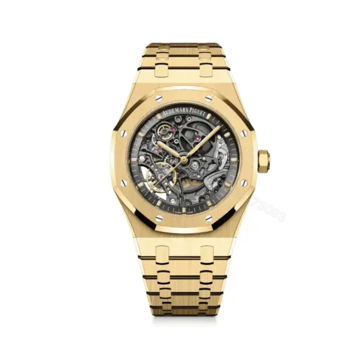 View 1 of Replica Audemars Piguet Royal Oak Openworked 15407 Yellow Skeleton Dial