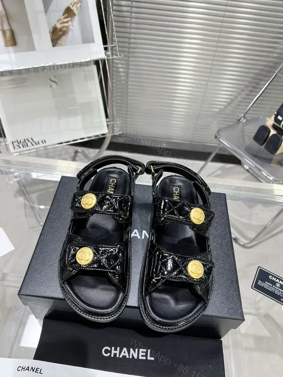 View 1 of Chanel-Inspired Black Patent Sandals with Gold Buttons