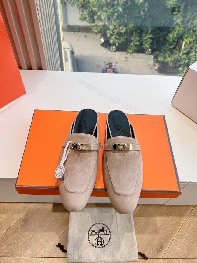 View 1 of Hermes Women Beige Suede Mules