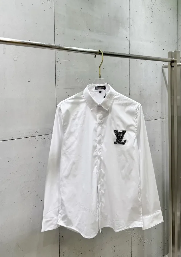 View 1 of White Button-Down Shirt: Subtle LV Crest, Clean Luxury, All-Day Comfort