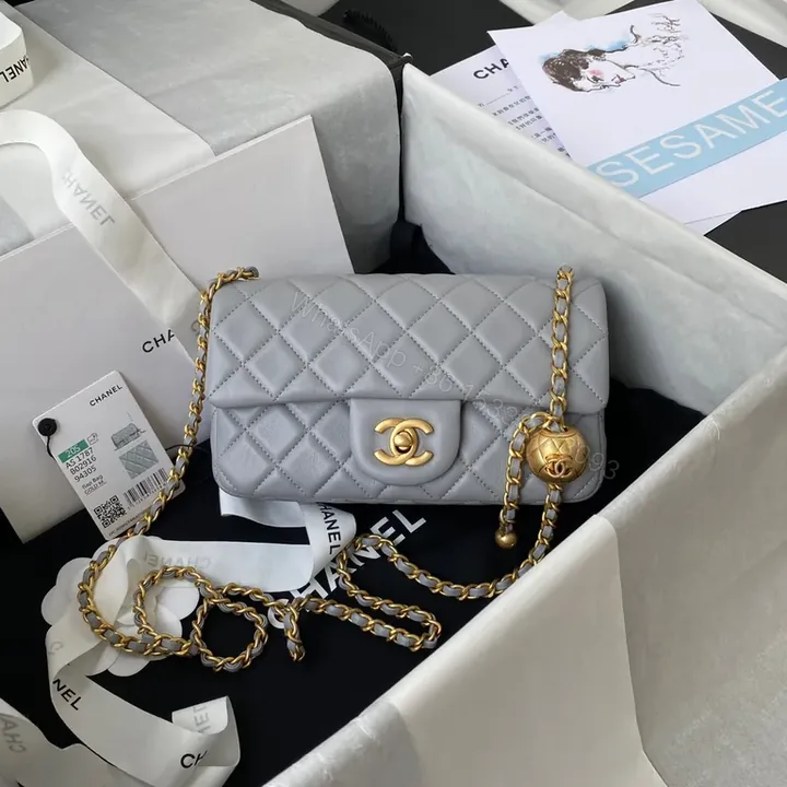 View 1 of Soft Velvet Grey Flap Bag â€” Quilted, Gold-Accent, Everyday Luxe