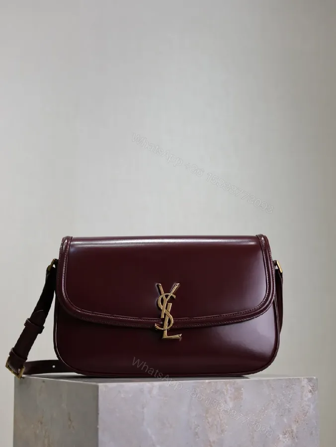 View 1 of Structured Burgundy Leather Crossbody: Gold Logo, Modern Chic