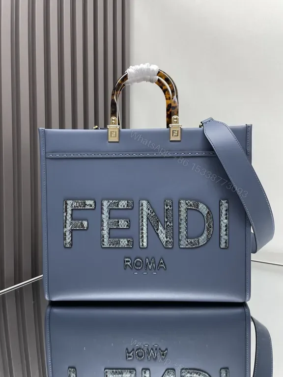 View 1 of Blue Fendi Structured Tote: Bold Logo, Tortoise Handles, Gold Hardware