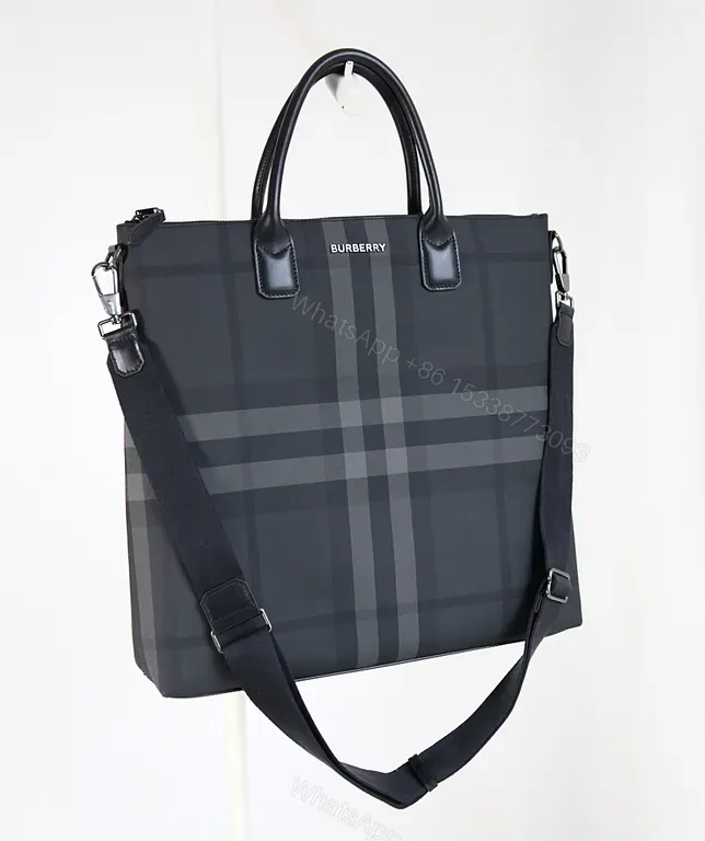 View 1 of Navy Burberry Check Tote: Leather-Trim Structured City Bag