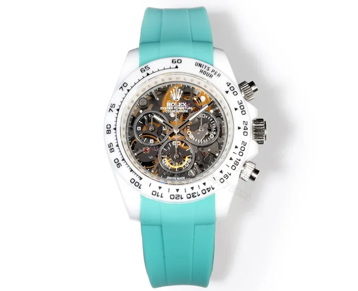 View 1 of Rolex Daytona Abu Dhabi Skeleton replica 40MM Turquoise Rubber Strap Edition RG-DAYTONA-ABU-DHABI-SKELETON-TURQUOISE-40