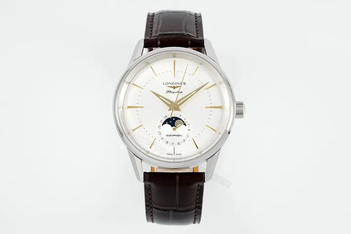 View 1 of Longines Classic Flagship Moonphase Watch Silver Dial Brown Leather Strap Vintage Style
