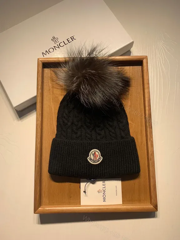 View 1 of Cozy Black Moncler Beanie: Plush Fur Pom-Pom Warm Wool-Blend Knit