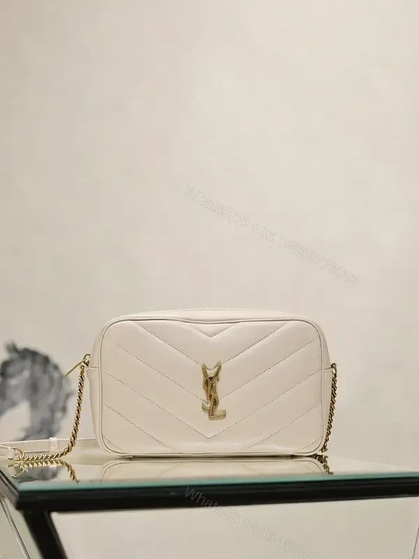 View 1 of Off-White Cream Quilted Chevron Crossbody Bag with Gold Logo