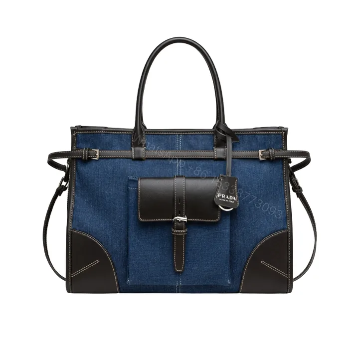View 1 of Prada Bonnie Large Denim Handbag Blue Black 38cm