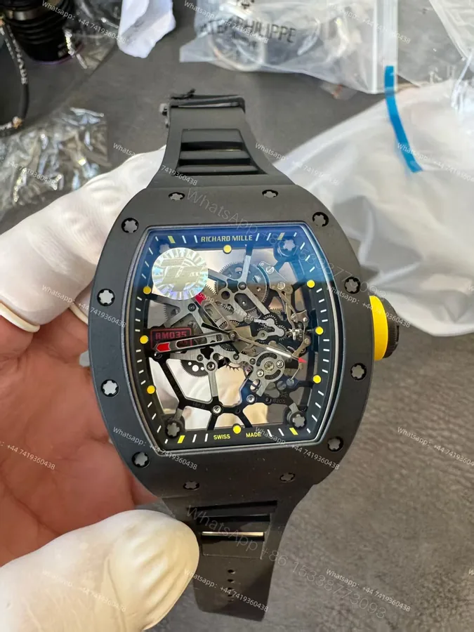 View 1 of Super Clone Richard Mille RM 035 Americas Black Ceramic Skeleton Black Rubber Strap 1:1 Replica Watch