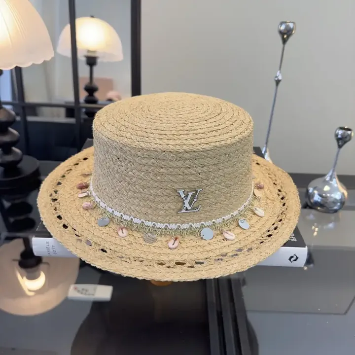 View 1 of Natural Beige Straw Boater Hat with Silver LV Charm, Chic Wide Brim