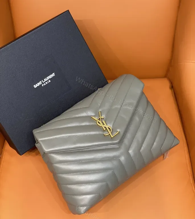 View 1 of Chevron Grey Leather Bag â€” MatelassÃ©, Gold YSL Hardware, Envelope Style